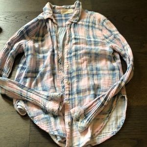 Pink/blue/white plaid/striped long sleeve shirt
